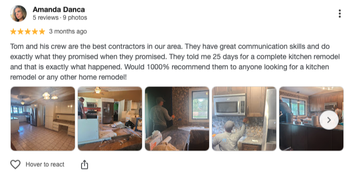 5-star Google review from Amanda Danca praising Alpha Development Group for a 25-day kitchen remodel