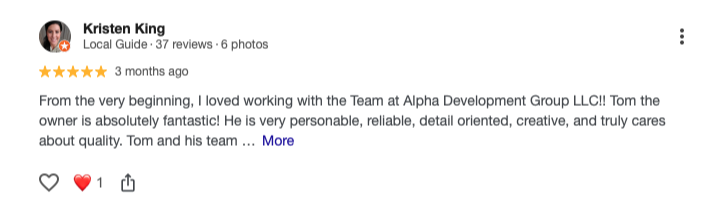 5-star Google review from Local Guide Kristen King praising Tom Fisher and Alpha Development Group