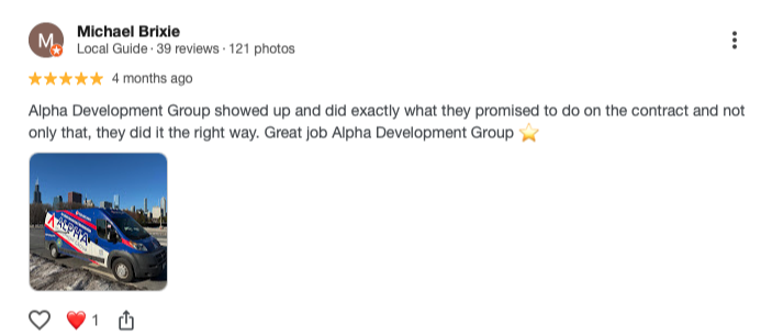 5-star Google review from Local Guide Michael Brixie praising Alpha Development Group
